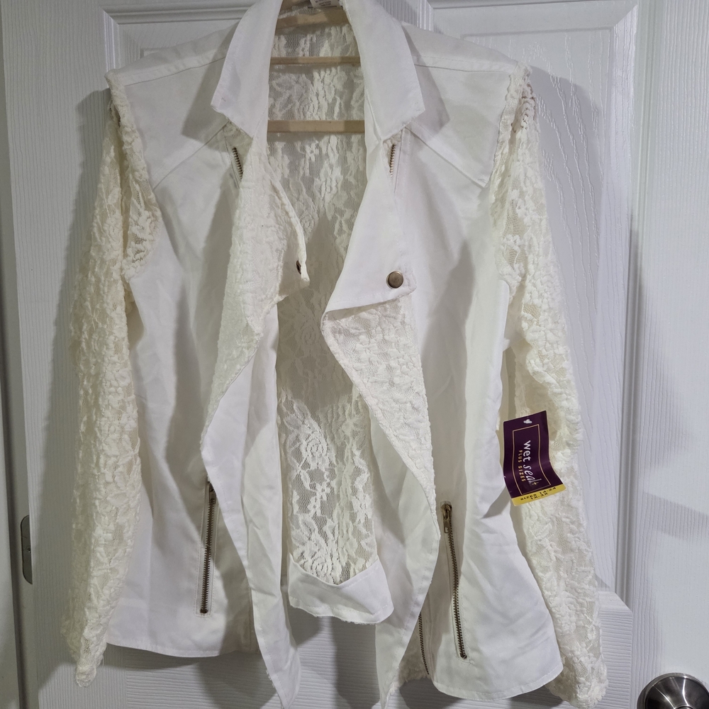 Nwt Wet Seal Plus Women's White Lace Jacket With Zippers Collar Pockets Size 1x